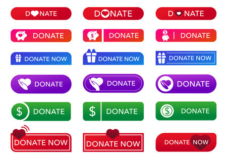 Colorful Donation Buttons Set. Gradient and Flat Styles with Heart, Hand, Dollar, Gift Iconsのイラスト素材