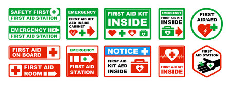 Emergency First Aid Signs Set. Medical Safety Labels with Icons of Kit, Cross, Heart, Suitcaseのイラスト素材