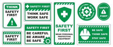 Safety First Sign Set. Think Safe Warning Labels with Icons and Textのイラスト素材