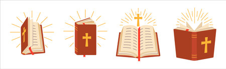 Bible Logo Set. Open Book, Cross, Light Rays Symbols. Religious Retro Packのイラスト素材