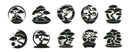 Minimal Bonsai Tree Icons. Japanese Plant Silhouettesのイラスト素材