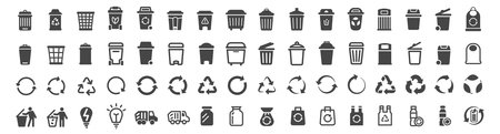 Trash Bin and Recycling Icons Set. Zero Waste and Garbage Disposal Line Symbolsのイラスト素材