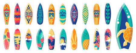 Surfboard Vector Set. Cartoon Surf Boards with Tropical Prints, Retro Beach Elements