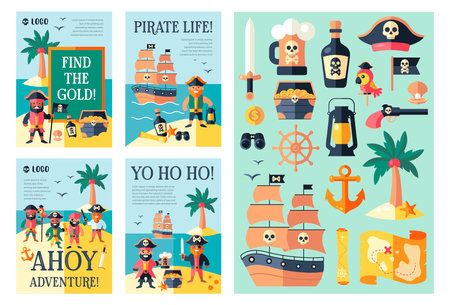 Pirate Adventure Posters Set. Flat Cartoon Captains, Characters and Elementsのイラスト素材