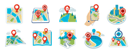Navigation Icons Set. Smartphone and Paper Map Location Markers. UX Designのイラスト素材