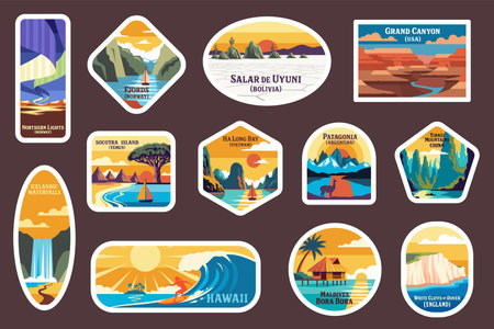Set of vintage travel destination stickers. Retro badges nature landmarks with iconic world sceneryのイラスト素材