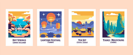 Set of flat style postcards with Japanese, Chinese, and Taiwanese landscapes and cultural symbolsのイラスト素材