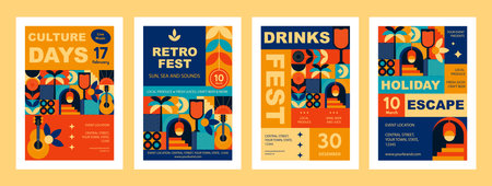 Geometric Mosaic Posters for Festivals, Travel and Interior Design. Abstract Retro Wall Art