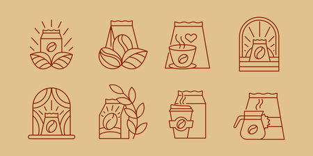 Set of Coffee Packaging Line Icons. Minimal Outline Coffee Bags, Logo Elements, Vector Graphicのイラスト素材