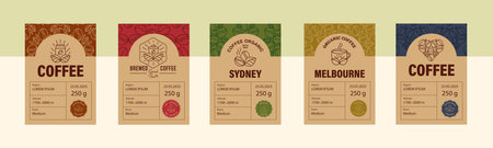Vintage Coffee Branding Label Set. Vertical Templates with Coffee Bean Textures, Stamps, and Logo