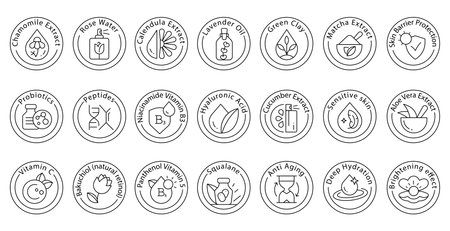 Line art circular skincare stamp icons with botanical ingredients and cosmetic care labels, Vitaminsのイラスト素材