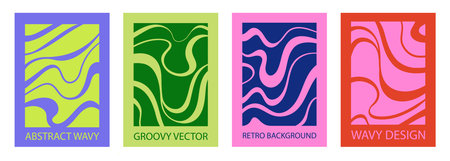 Groovy Retro Poster Set with Abstract Waves Psychedelic Backgrounds, Minimal Vertical Designsのイラスト素材