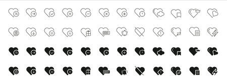 Heart Bundle, Line and Solid Icons for Interaction, Health, Love, and Social Media Actions Editableのイラスト素材