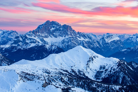 Sunset in the Dolomites, Italy. View from the top of the mountainの写真素材