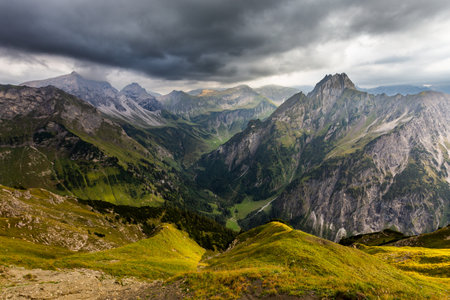 Panoramic view of the mountains in the German Alpsの写真素材