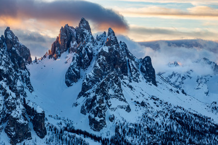Sunset in Dolomites mountains, Italy. Beautiful winter landscapeの写真素材