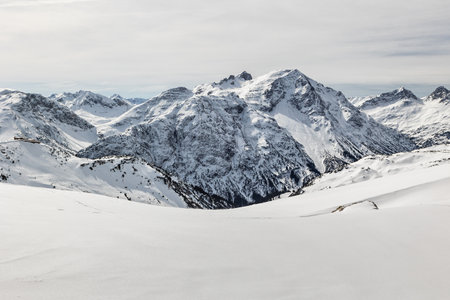 Panoramic view of the mountains in winter. Sankt Anton am Arlberg, Tyrol region, Austria.の写真素材