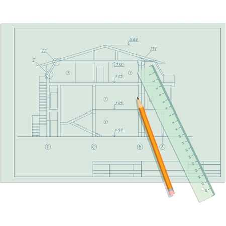 Architect Sketch of House with Pencil and Ruler のイラスト素材