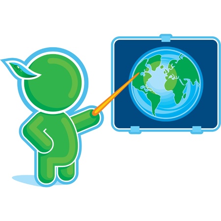 Green Hero pointing at the Globe on the Deskのイラスト素材