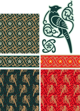 Set of Oriental Design Elements - Bird, Border, Seamless Patterns のイラスト素材