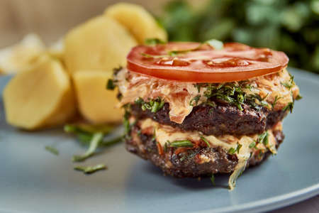 liver cake with cheese and vegetables potatoes