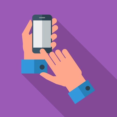 Hands holding Mobile phone. Flat icon whit long shadow. Vector illustrationのイラスト素材