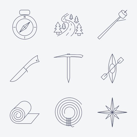 Set of Outline stroke Camping icons on white background. Vector illustrationのイラスト素材
