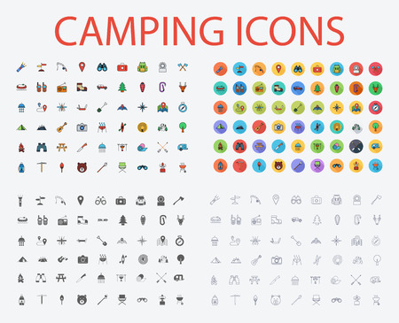 Camping icons set. Flat vector related icons with long shadow for web and mobile applications. It can be used as -  pictogram, icon, infographic element. Vector Illustration.のイラスト素材