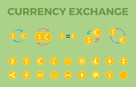 Currency Exchange Icon Set. Cryptocurency - Bitcoin, Ethereum, Ripple, Litecoin, Altcoin, Dash, Monero, NEM, NEO, Stratis, Zcash, Bytecoin, Ethereum Classic. Currency- Dollar, Euro, Yen, Hryvna, Poundのイラスト素材