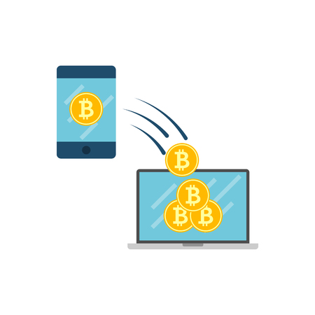 Transaction Concept, Laptop, Smartphone, Bitcoin, Coin Flat Related Icon. Isolated on White Backgroundのイラスト素材