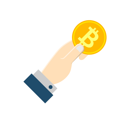 Hand Holds Bitcoin Flat Icon. Isolated on White Background. Trendy Flat Style.のイラスト素材