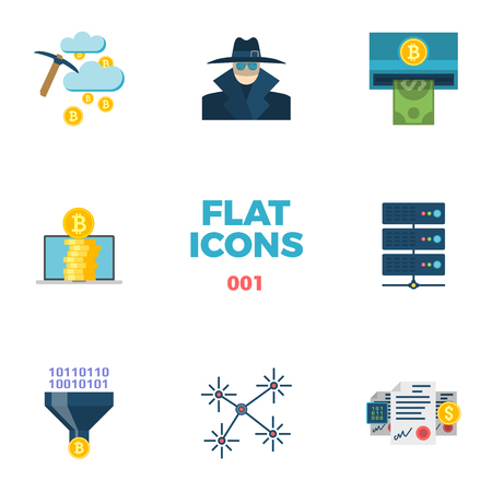 Cryptocurrency and Blockchain Related Flat Vector Icons. Crypto Icon Set. Cloud Mining, Anonymous, Withdraw, Income, Server, Converting, Decentralization, Smart Contract Isolated on White Backgroundのイラスト素材