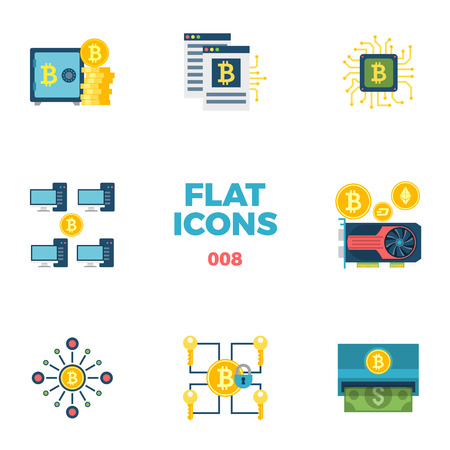 Cryptocurrency and Blockchain Related Flat Icons. Crypto Icon Set. Bitcoin Storage, White Paper, CPU, Mining Pool, GPU Mining, Decentralization, Multi Signature, Withdraw. Isolated on White Backgroundのイラスト素材