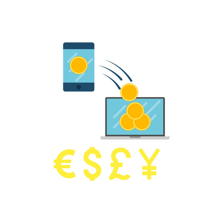 Transaction Concept. Transaction Concept with Coins and Different Currency Vector Flat Icon Isolated on White Background.のイラスト素材