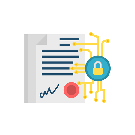 Digital Contract with Padlock and Microchip Flat Vector Icon. Isolated on White Background. Trendy Flat Style.のイラスト素材