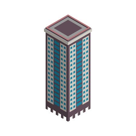Vector Isometric Skyscraper City Building. Vector Isometric City Building Icon Isolated on White Background. Private House, Skyscraper, Real Estate, Public Building, Hotel.のイラスト素材