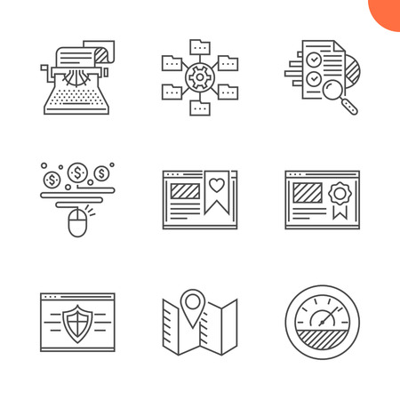 SEO Related Vector Line Icons Set. Isolated on White Background. Website ranking, copywriting, efficiency, pay per click, web security, local seo, seo audit, data management, favorites. Editable Strokのイラスト素材