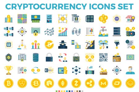 Cryptocurrency and Blockchain Related Flat Icons. Crypto Icon Set Featuring Bitcoin, Wallet, Mining, Distributed Ledger Technology, P2P, Altcoins, Encryption, Smart Contracts, Decentralized sの写真素材
