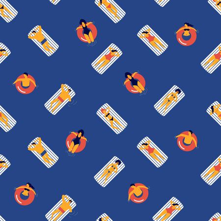 Summer seamless vector pattern. People swimming in the sea. Vector illustration with swimmers. Trendy background. Summer sea vacation.のイラスト素材