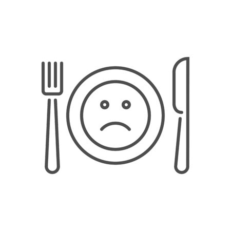 Loss of appetite related vector thin line icon. Cutlery - knife, fork and plate. On a plate a sad smiley. Isolated on white background. Editable stroke. Vector illustration.のイラスト素材