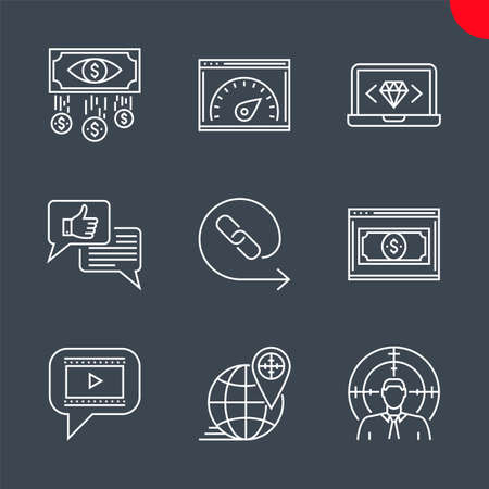 Line icons set with flat design of seo. Global solution, creative service, e-commerce, keyword research, link building, target keywords, download information, mobile marketing, e-mail marketingのイラスト素材