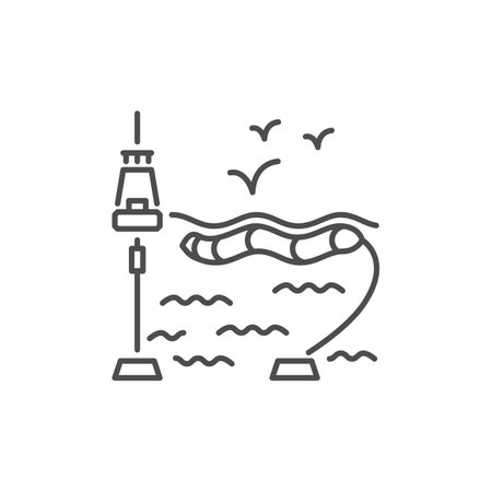 Wave energy related vector linear icon. Eco safe power plan. Electricity generation. Hydroelectric station. Vector outline illustration Isolated on white background. Editable strokeのイラスト素材