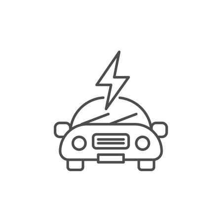 Electric car related vector linear icon. Eco friendly auto. Green vehicle. Automobile with lightning. Vector outline illustration Isolated on white background. Editable strokeのイラスト素材