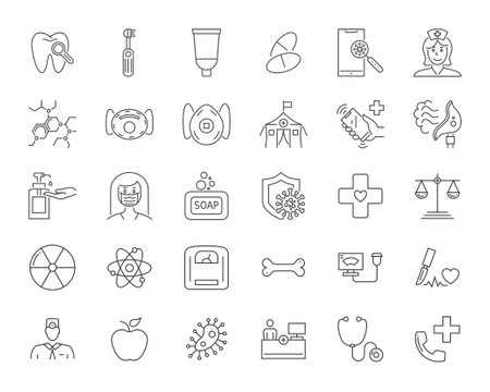 Medical Vector Icons Set. Line Icons, Sign and Symbols in Linear Design. Medicine, Health Care and Coronavirus COVID-19 pandemic. Mobile Concepts and Web Apps. Modern Infographic Logo and Pictogram.のイラスト素材