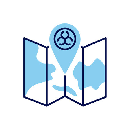 Epidemic related vector icon. Biohazard positioning mark on map. Epidemic sign. Isolated on white background. Editable vector illustrationのイラスト素材