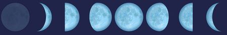 Lunar phases - chart with the contrary phases of the moon observed from the northern hemisphere of planet earth. Vector illustration on dark blue background.のイラスト素材