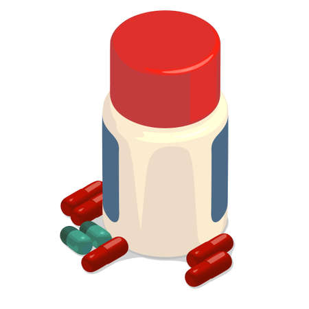 Composition with pills, drags, madisine, antibiotics, pharmacy medical illustration isometric vector isolated, sick, medication autumn andwinterのイラスト素材