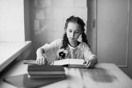Beautiful blonde schoolgirl with books in the school. Portrait