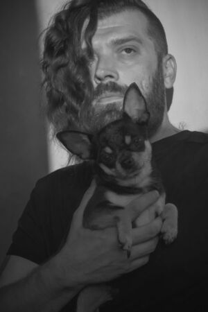 A bearded man hugs a small dog breed Chihuahua.Handsome man with long curly black hair in a black uniform T-shirt on a white background with natural light. Chihuahua black and brown and white. Brutal.の写真素材