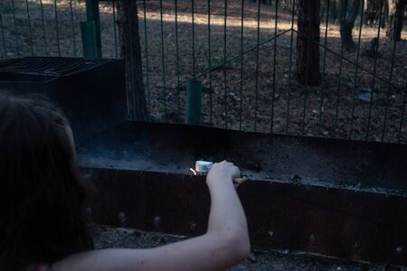 Marsh Mellow at the stake.marsh mellows on wooden skewers toasting over wood flames.Marshmallows in...